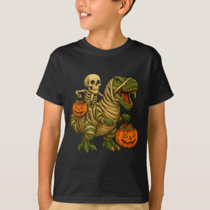 Skeleton Riding Mummy Dinosaur T Rex Halloween Fun T-Shirt