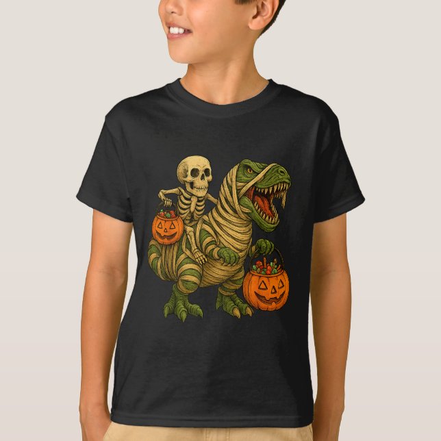 Skeleton Riding Mummy Dinosaur T Rex Halloween Fun T-Shirt (Front)