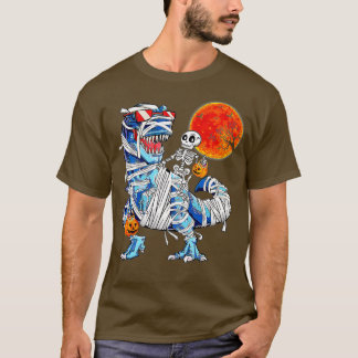 Skeleton Riding Mummy Dinosaur T Rex Halloween Fun T-Shirt