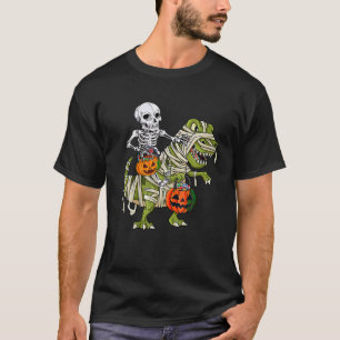 Skeleton Riding Mummy Dinosaur T rex Halloween Fun T-Shirt