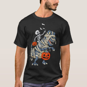 Skeleton Riding Mummy Dinosaur T rex Halloween Fun T-Shirt