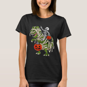 Skeleton Riding Mummy Dinosaur T rex Halloween Fun T-Shirt