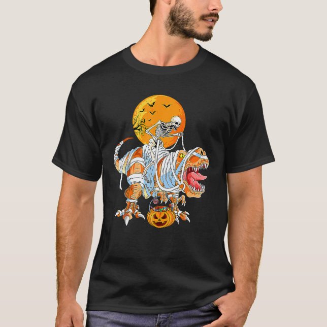 Skeleton Riding Mummy Dinosaur T Rex Halloween Fun T-Shirt (Front)