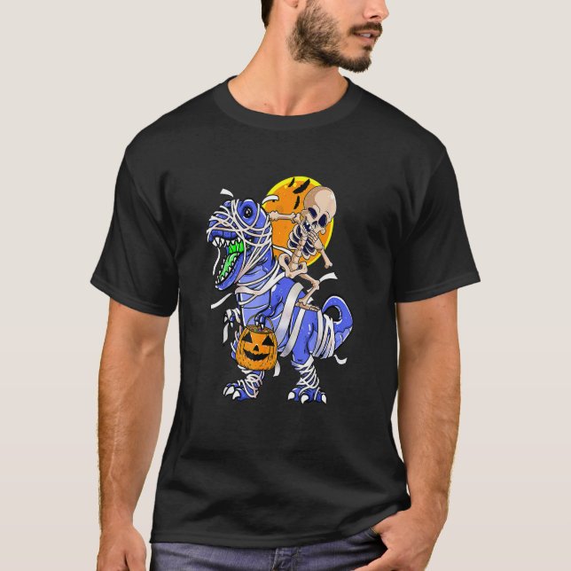 Skeleton Riding Mummy Dinosaur T rex Halloween Fun T-Shirt (Front)