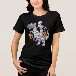 Skeleton Riding Mummy Dinosaur T rex Halloween Fun Tri-Blend Shirt