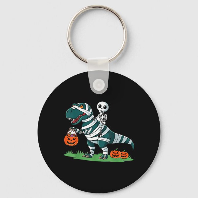 Skeleton Riding Mummy Dinosaur T rex Halloween Keychain (Front)