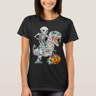 Skeleton Riding Mummy Dinosaur T rex Halloween Kid T-Shirt