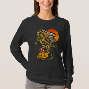 Skeleton Riding Mummy Dinosaur T Rex Halloween Kid T-Shirt
