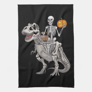 Skeleton Riding Mummy Dinosaur T rex Halloween  Kitchen Towel