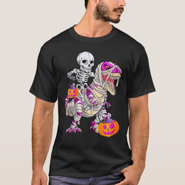 Skeleton Riding Mummy Dinosaur T Rex Halloween Pin T-Shirt (Front)