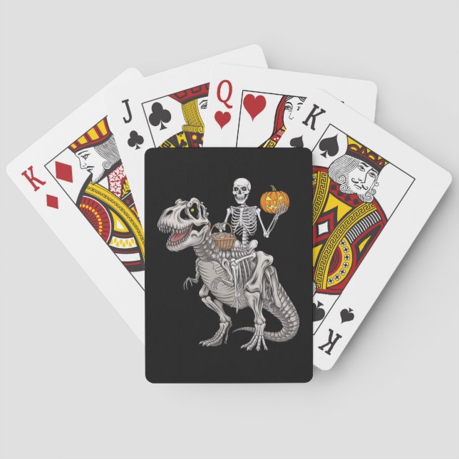 Skeleton Riding Mummy Dinosaur T rex Halloween  Playing Cards (Back)