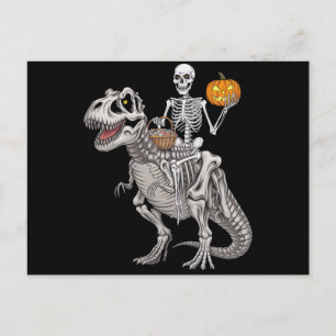 Skeleton Riding Mummy Dinosaur T rex Halloween  Postcard
