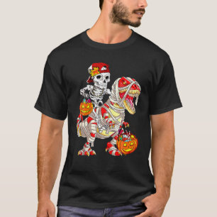 Skeleton Riding Mummy Dinosaur T - Rex Halloween T-Shirt