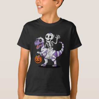 Skeleton Riding Mummy Dinosaur T rex Halloween T-Shirt
