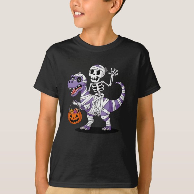 Skeleton Riding Mummy Dinosaur T rex Halloween  T-Shirt (Front)