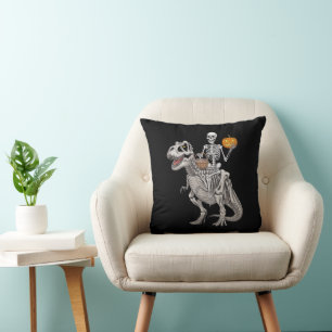 Skeleton Riding Mummy Dinosaur T rex Halloween  Throw Pillow