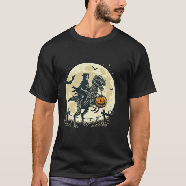 Skeleton Riding Mummy Dinosaur T Rex Pumpkin Funny T-Shirt (Front)
