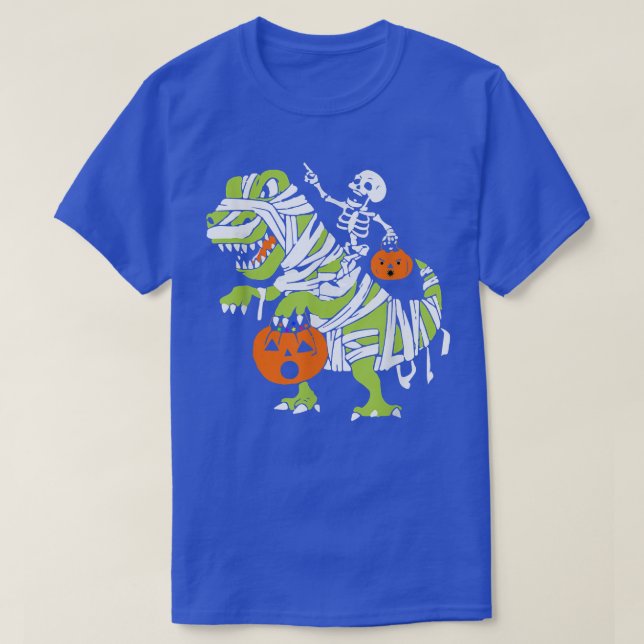 Skeleton Riding Mummy Dinosaur T Rex Pumpkin Funny T-Shirt (Design Front)