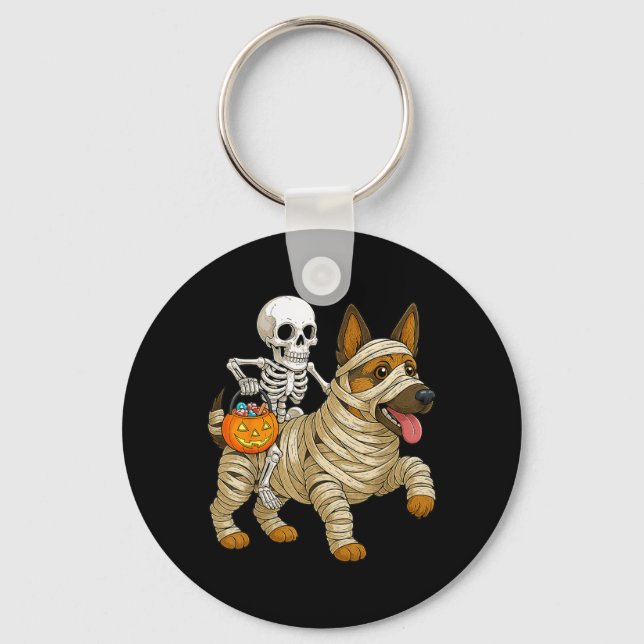 Skeleton Riding Mummy German Shepherd Dog Keychain (Front)
