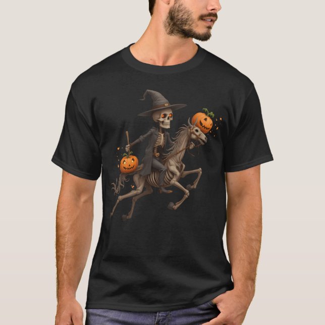 Skeleton Riding Mummy Horse Halloween funny T-Shirt (Front)