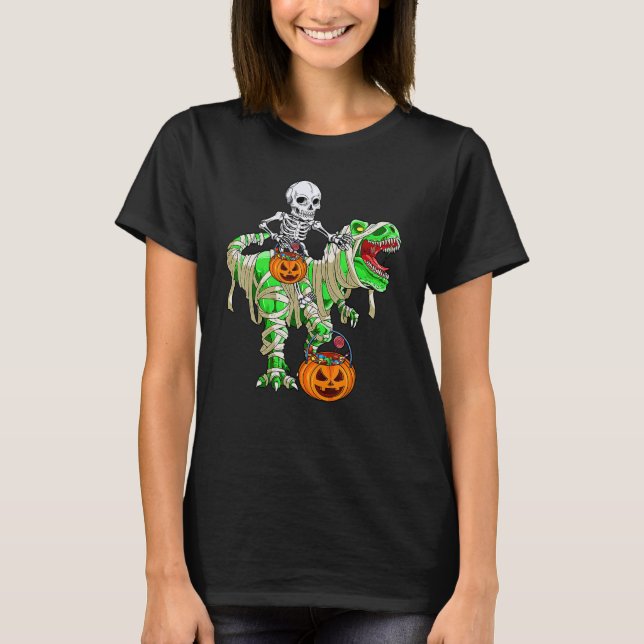 Skeleton Riding Mummy Monster Rex Candy Basket T-Shirt (Front)