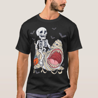 Skeleton Riding Mummy Shark Funny Halloween T-Shirt