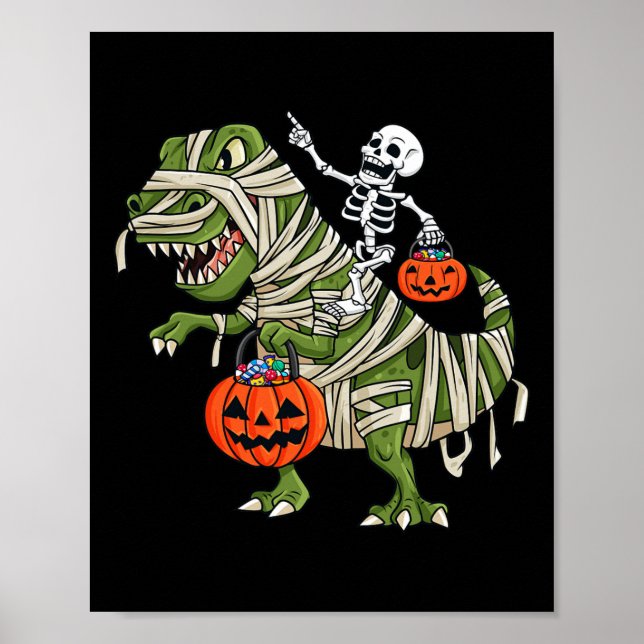 Skeleton Riding Mummy T Rex Halloween Boys Girls K Poster (Front)