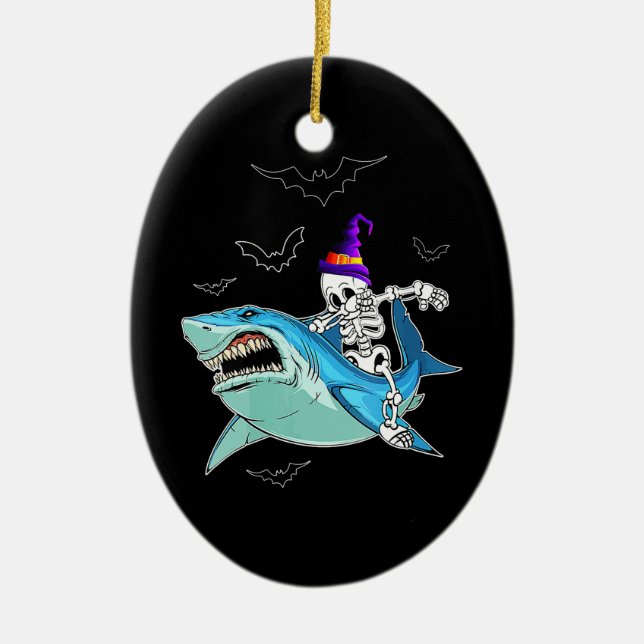 Skeleton Riding Shark Funny - Crazy Halloween Gift Ceramic Ornament (Front)
