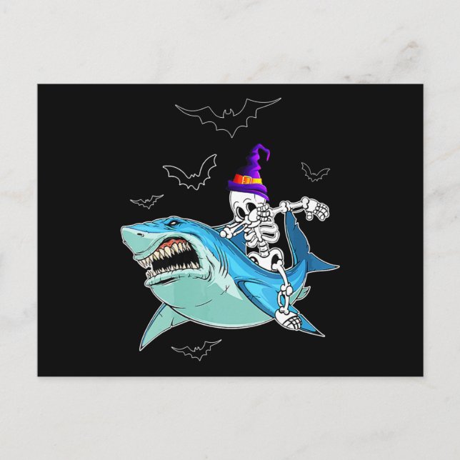 Skeleton Riding Shark Funny - Crazy Halloween Gift Invitation Postcard (Front)