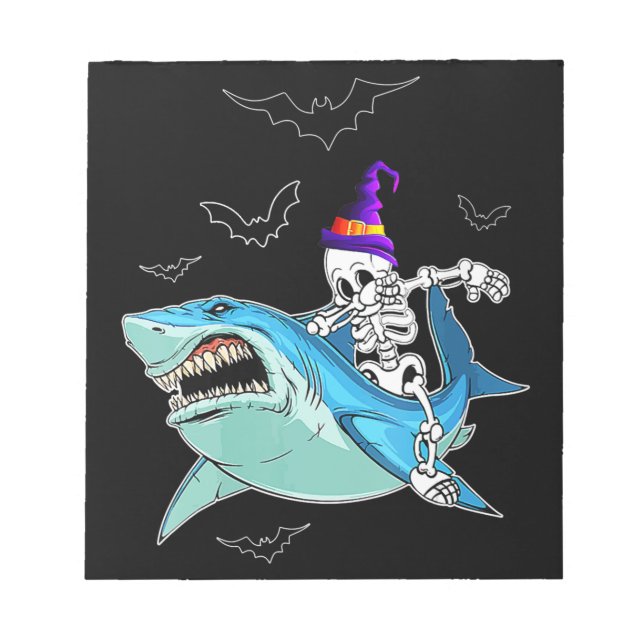 Skeleton Riding Shark Funny - Crazy Halloween Gift Notepad (Front)