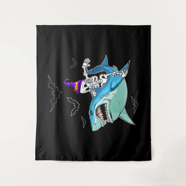 Skeleton Riding Shark Funny - Crazy Halloween Gift Tapestry (Front)