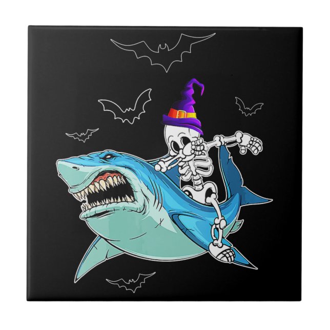 Skeleton Riding Shark Funny - Crazy Halloween Gift Tile (Front)