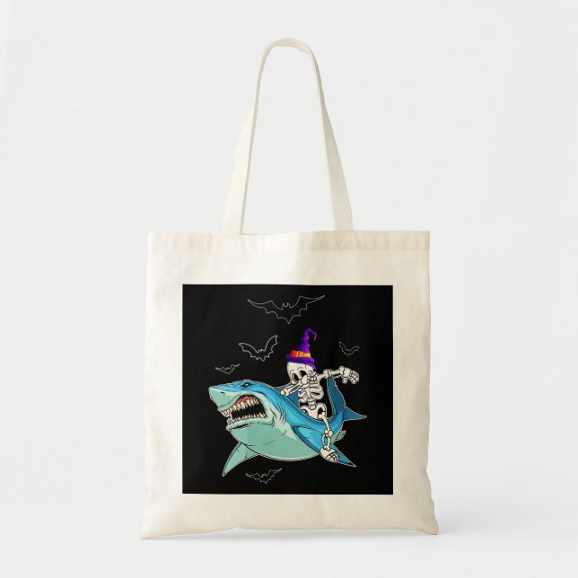 Skeleton Riding Shark Funny - Crazy Halloween Gift Tote Bag (Front)