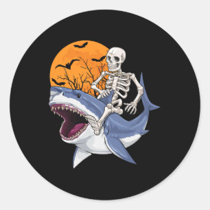 Skeleton Riding Shark Funny Halloween Costume Boys Classic Round Sticker