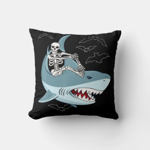Skeleton Riding Shark Funny Halloween Gifts Throw Pillow
