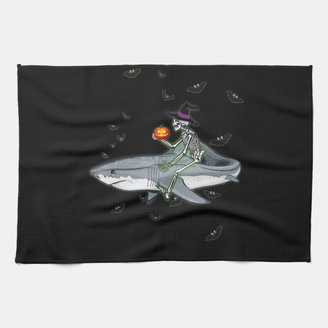 Skeleton Riding Shark - Funny Halloween Shark Gift Kitchen Towel (Horizontal)