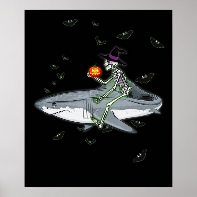 Skeleton Riding Shark - Funny Halloween Shark Gift Poster (Front)