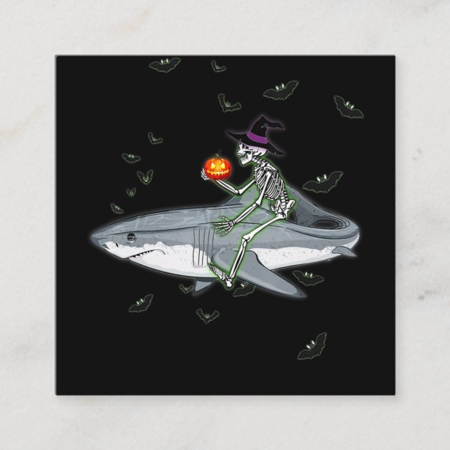 Skeleton Riding Shark - Funny Halloween Shark Gift Square Business Card (Front)