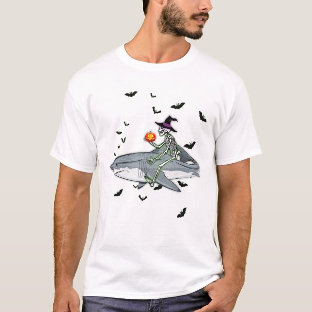 Skeleton Riding Shark - Funny Halloween Shark Gift T-Shirt (Front)