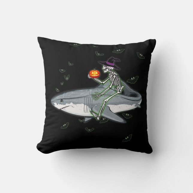 Skeleton Riding Shark - Funny Halloween Shark Gift Throw Pillow (Front)