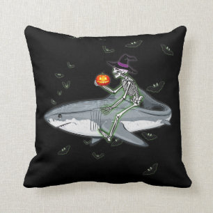 Skeleton Riding Shark - Funny Halloween Shark Gift Throw Pillow