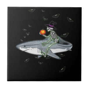 Skeleton Riding Shark - Funny Halloween Shark Gift Tile