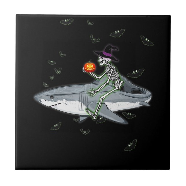 Skeleton Riding Shark - Funny Halloween Shark Gift Tile (Front)