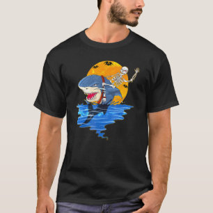 Skeleton Riding Shark Halloween Costume Autumn T-Shirt