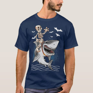 Skeleton Riding Shark Happy Halloween Day Boys Kid T-Shirt
