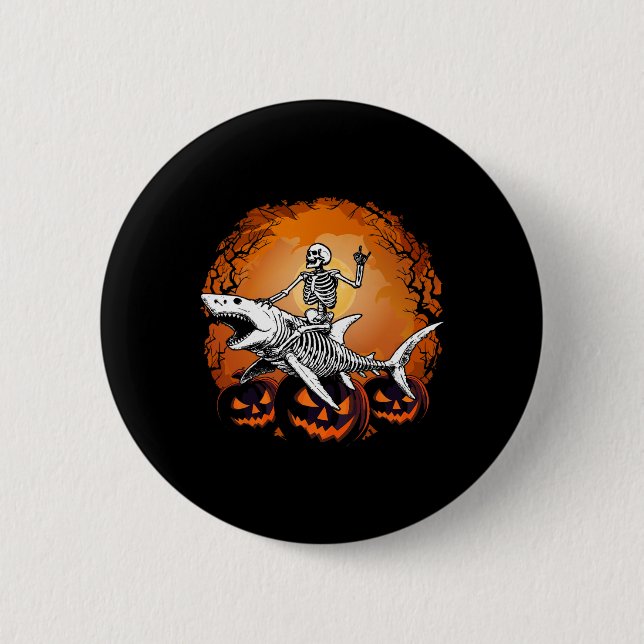 Skeleton Riding Shark Lazy Halloween Costume Funny 2 Inch Round Button (Front)