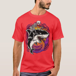 Skeleton Riding Shark Lazy Halloween Costume Funny T-Shirt