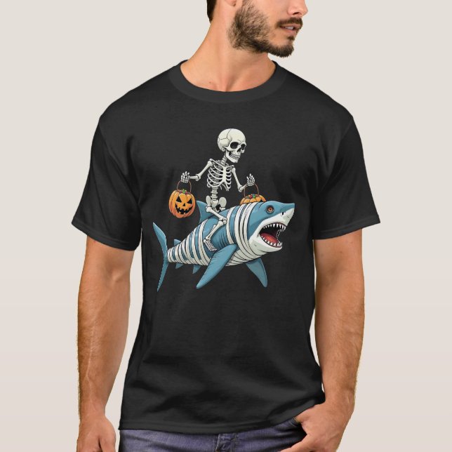 Skeleton Riding Shark Mummy Funny Halloween T-Shirt (Front)