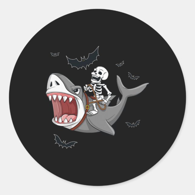 Skeleton Riding Shark Scary Halloween Boys Girls K Classic Round Sticker (Front)