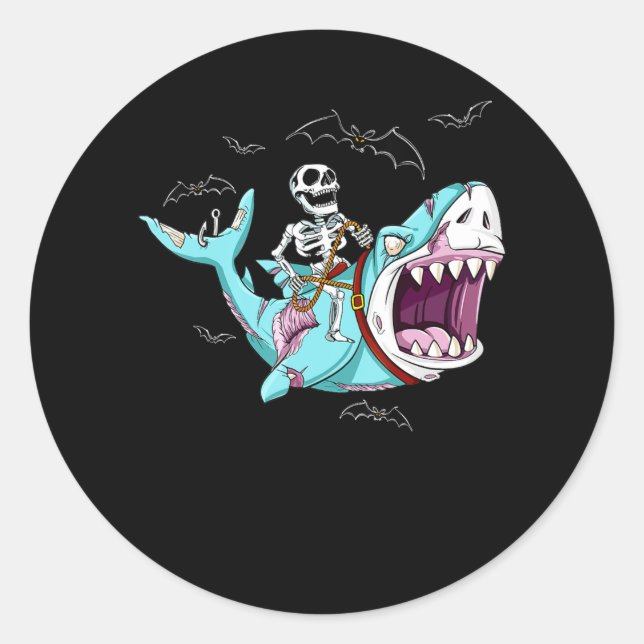 Skeleton Riding Zombie Shark Funny Halloween Gift Classic Round Sticker (Front)